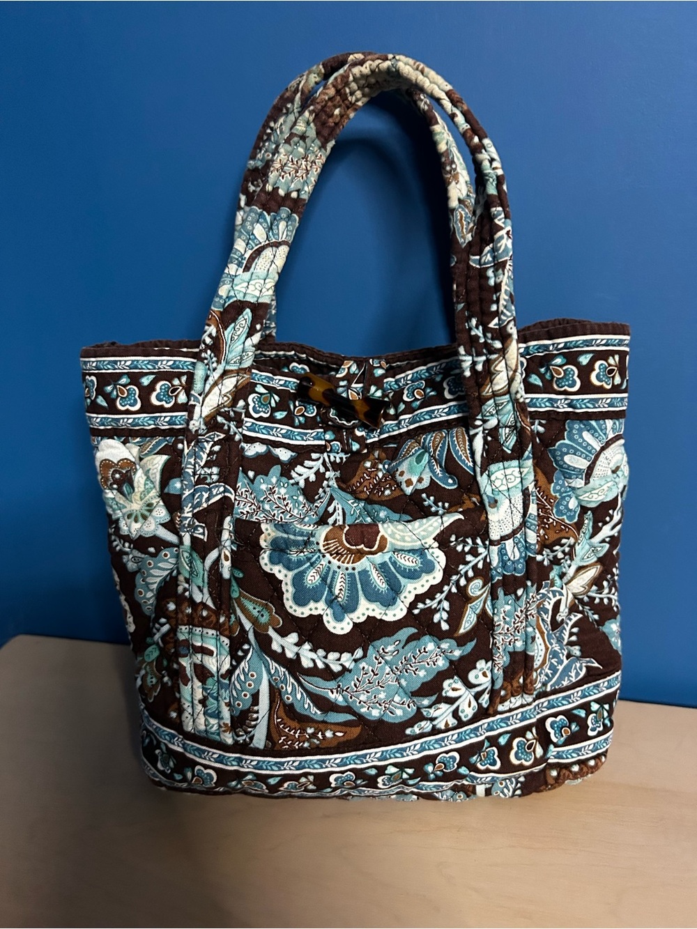Vera Bradley Small Quilted Java Blue Floral Tote Bag - Brown & Teal